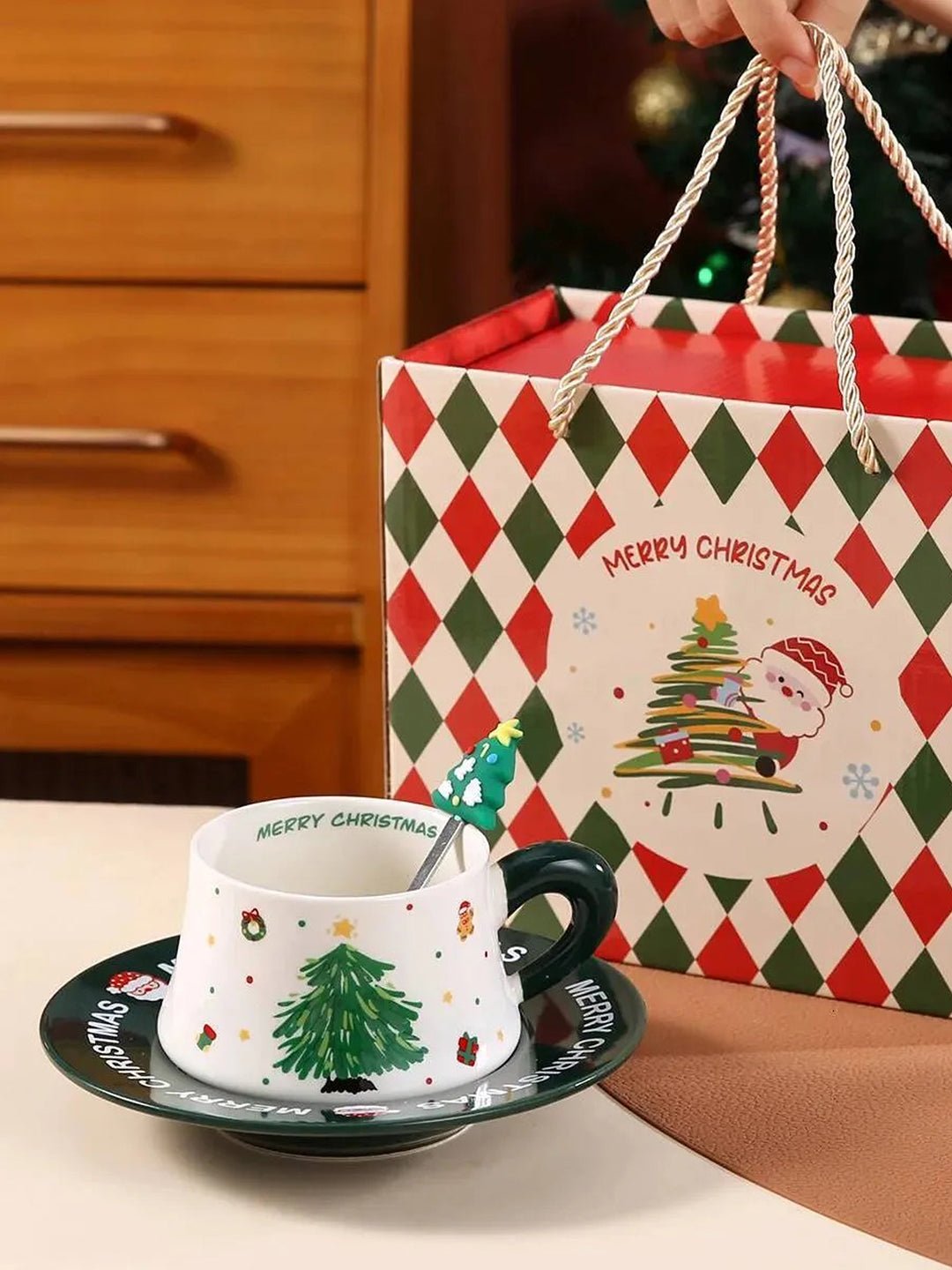 Little Surprise Box, Minimal Christmas Tree Ceramic Cup & Saucer with 3D Christmas Tree Spoon Gift Box Set - Christmas Cutlery