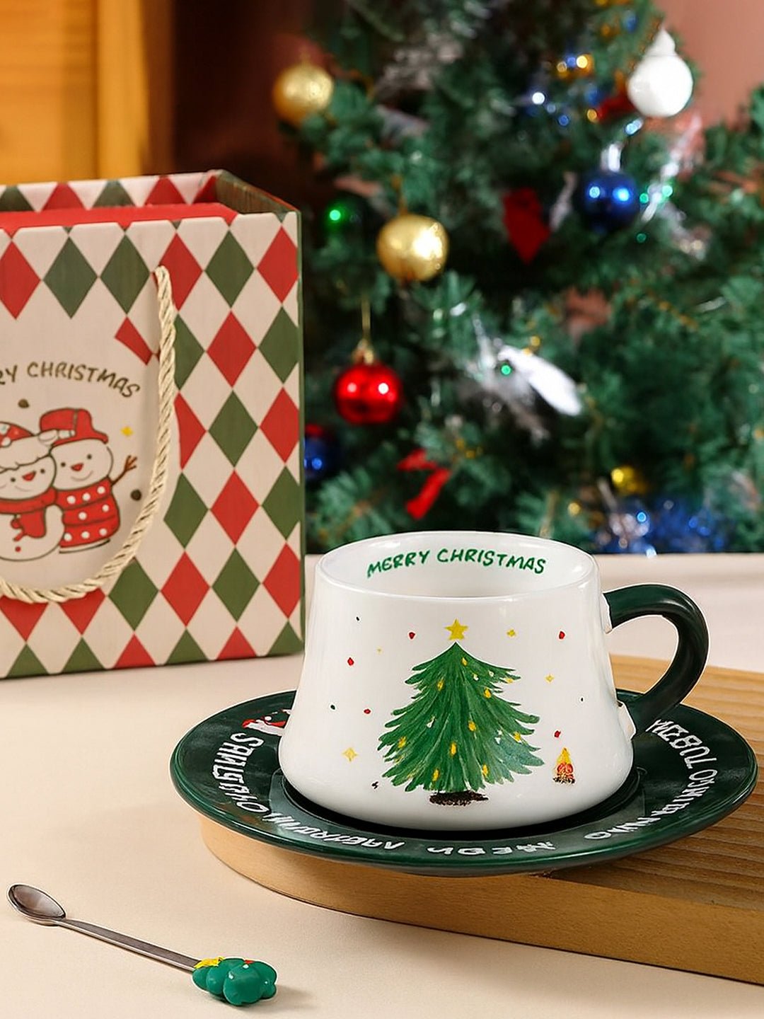 Little Surprise Box, Minimal Christmas Tree Ceramic Cup & Saucer with 3D Christmas Tree Spoon Gift Box Set - Christmas Cutlery