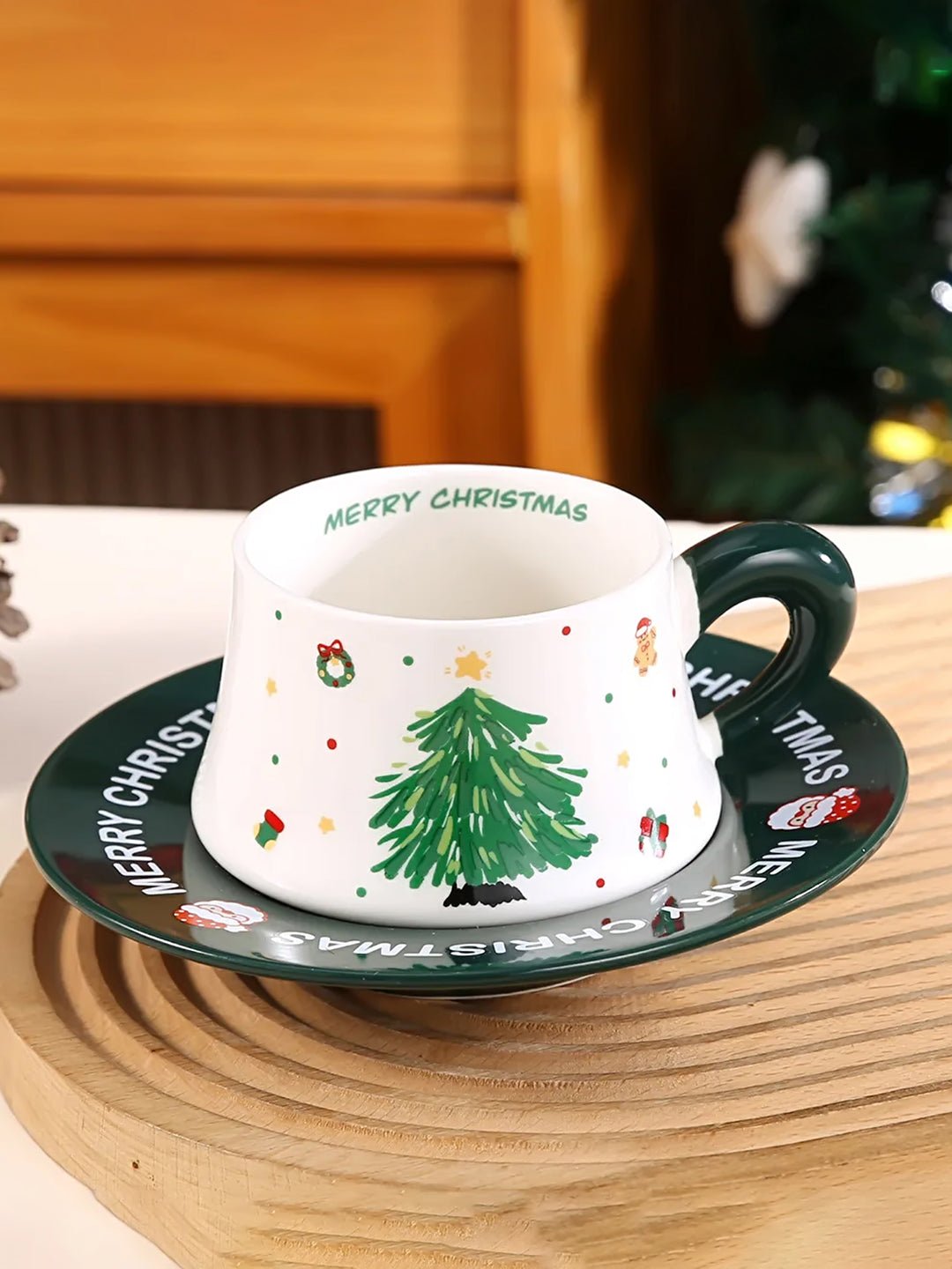 Little Surprise Box, Minimal Christmas Tree Ceramic Cup & Saucer with 3D Christmas Tree Spoon Gift Box Set - Christmas Cutlery