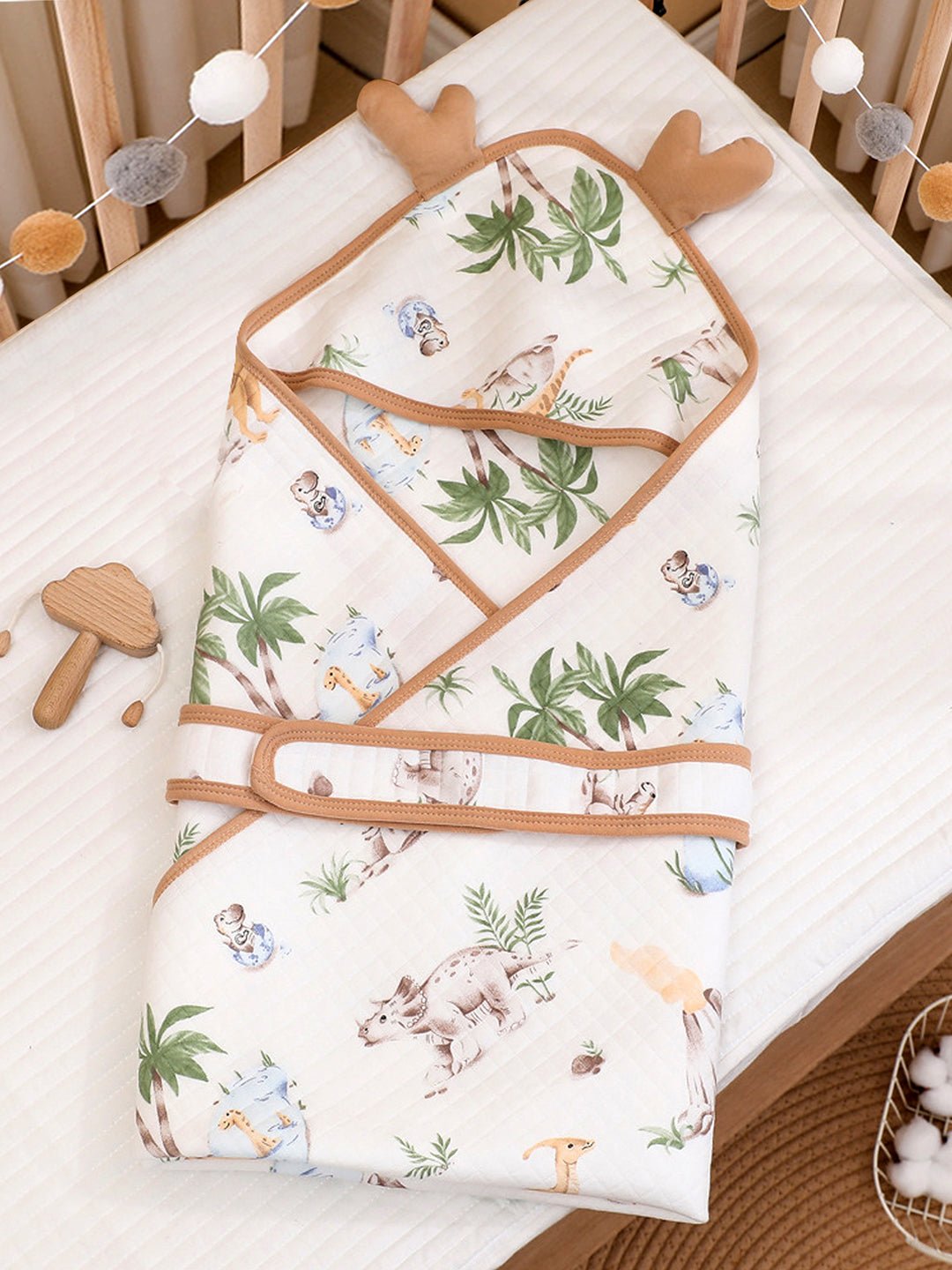 Little Surprise Box, Muslin cotton Wrapper with Hood for Newborn & Infants - LSB - BLNKT - DINOISLAND - HOOD