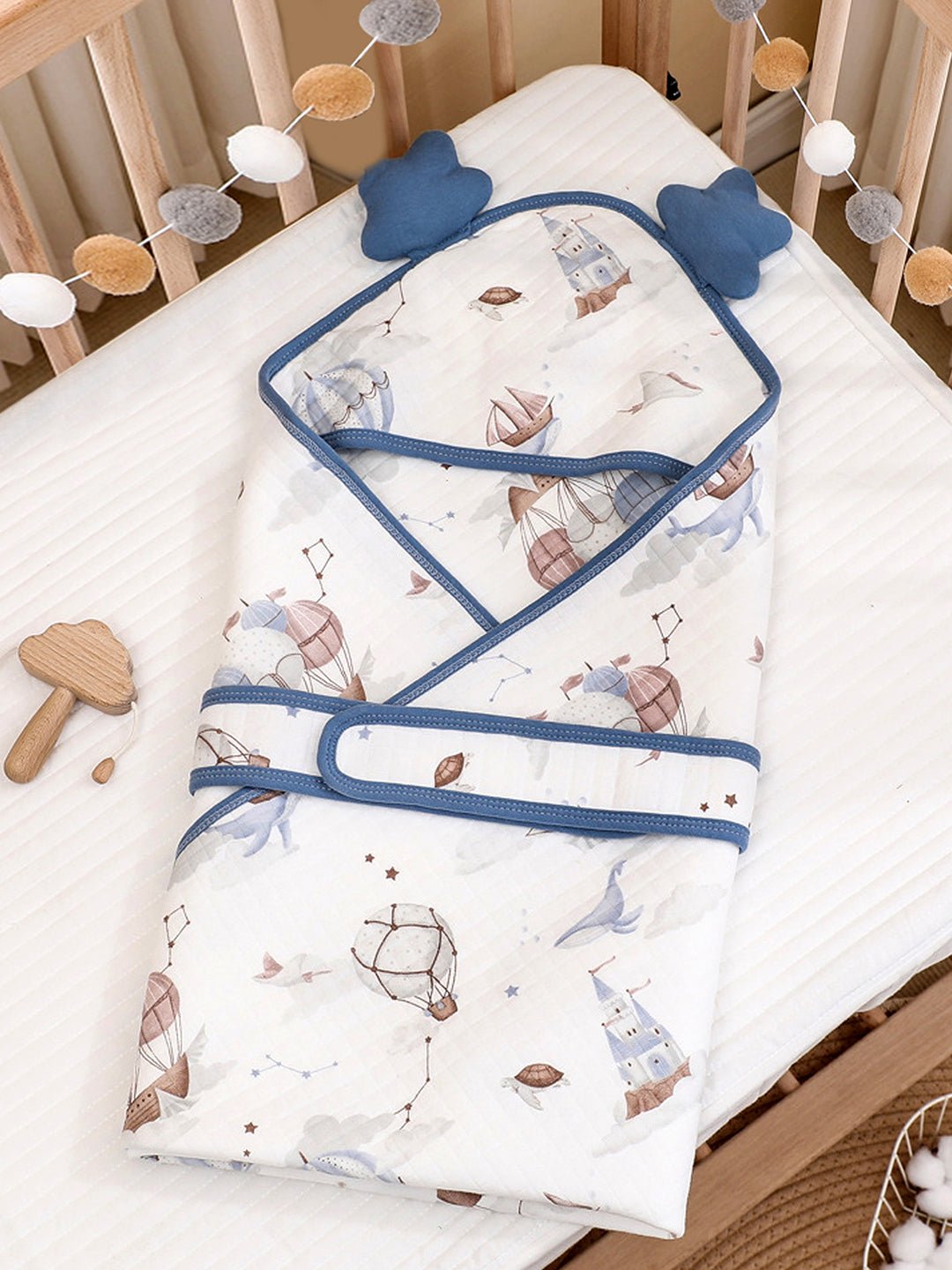 Little Surprise Box, Muslin cotton Wrapper with Hood for Newborn & Infants - LSB - BLNKT - BLUBALON - HOOD