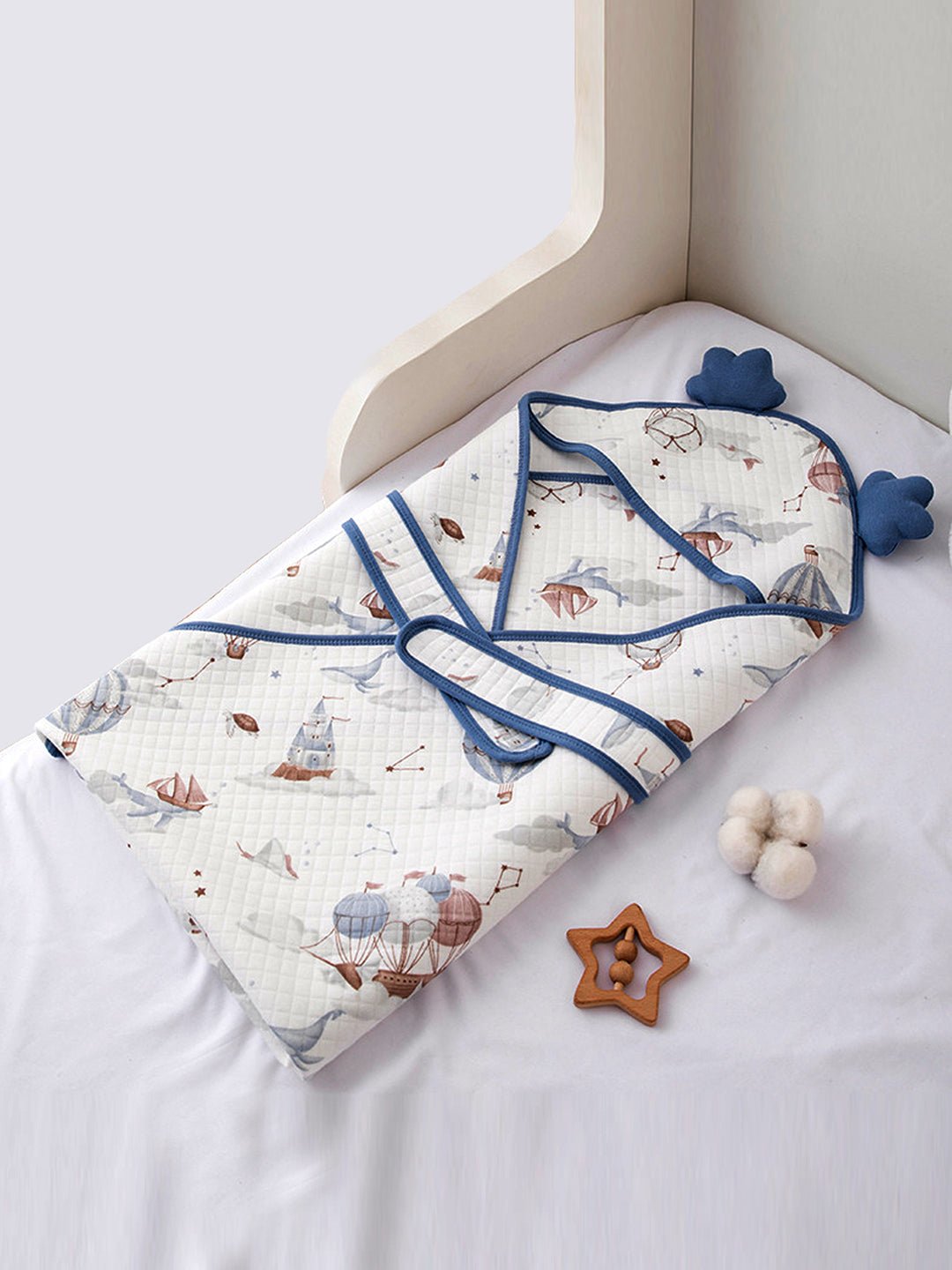 Little Surprise Box, Muslin cotton Wrapper with Hood for Newborn & Infants - LSB - BLNKT - BLUBALON - HOOD