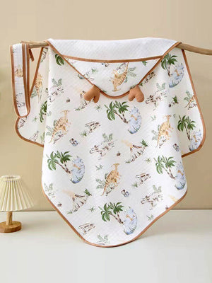 Little Surprise Box, Muslin cotton Wrapper with Hood for Newborn & Infants - LSB - BLNKT - DINOISLAND - HOOD