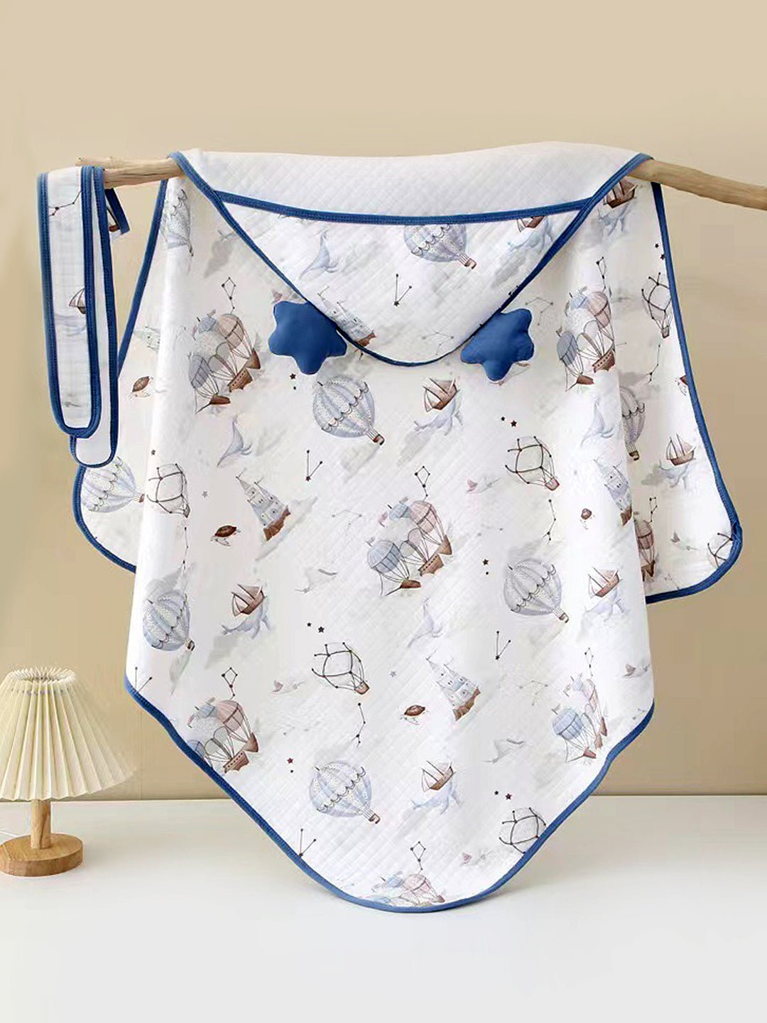 Little Surprise Box, Muslin cotton Wrapper with Hood for Newborn & Infants - LSB - BLNKT - BLUBALON - HOOD
