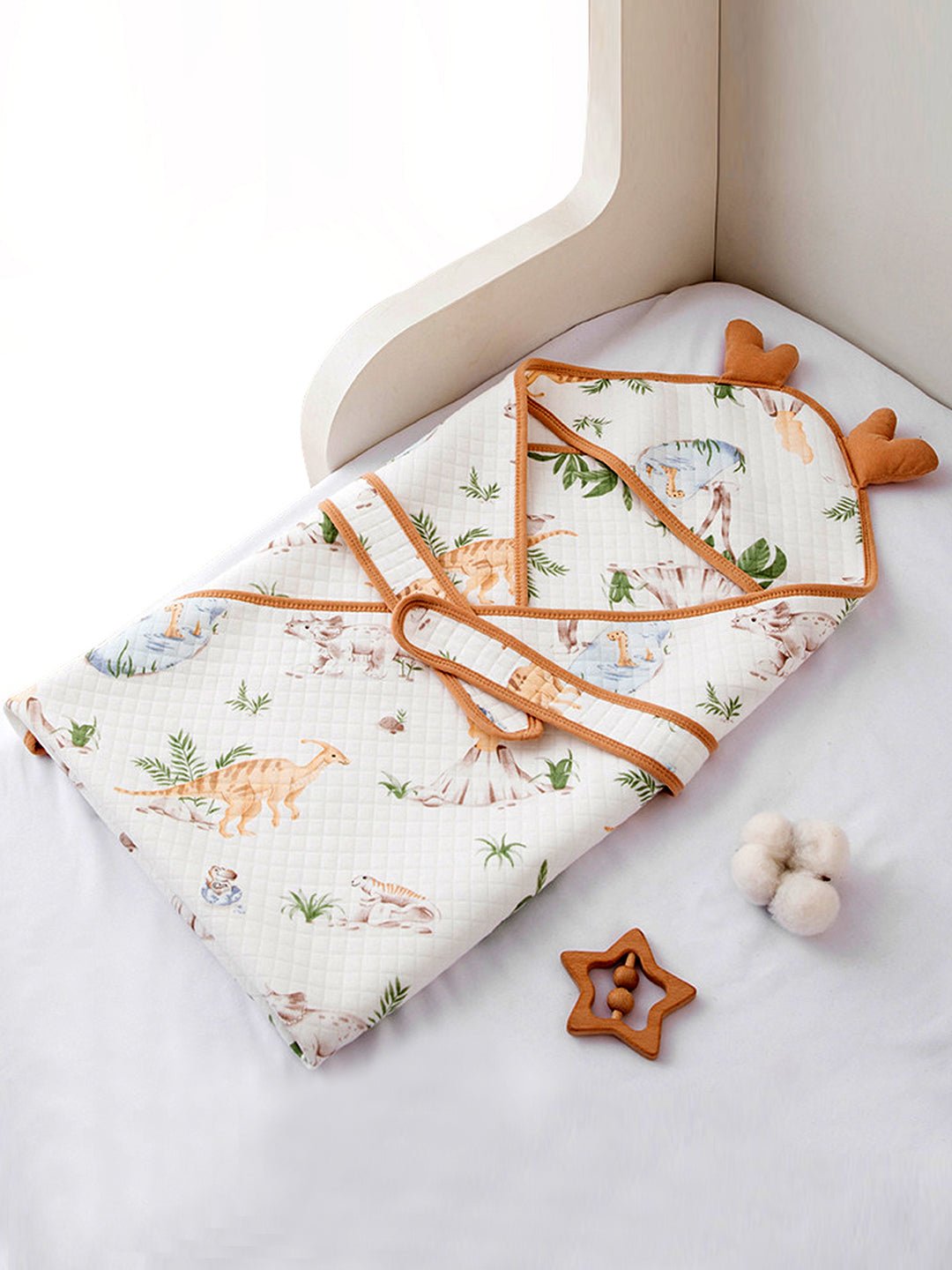 Little Surprise Box, Muslin cotton Wrapper with Hood for Newborn & Infants - LSB - BLNKT - DINOISLAND - HOOD