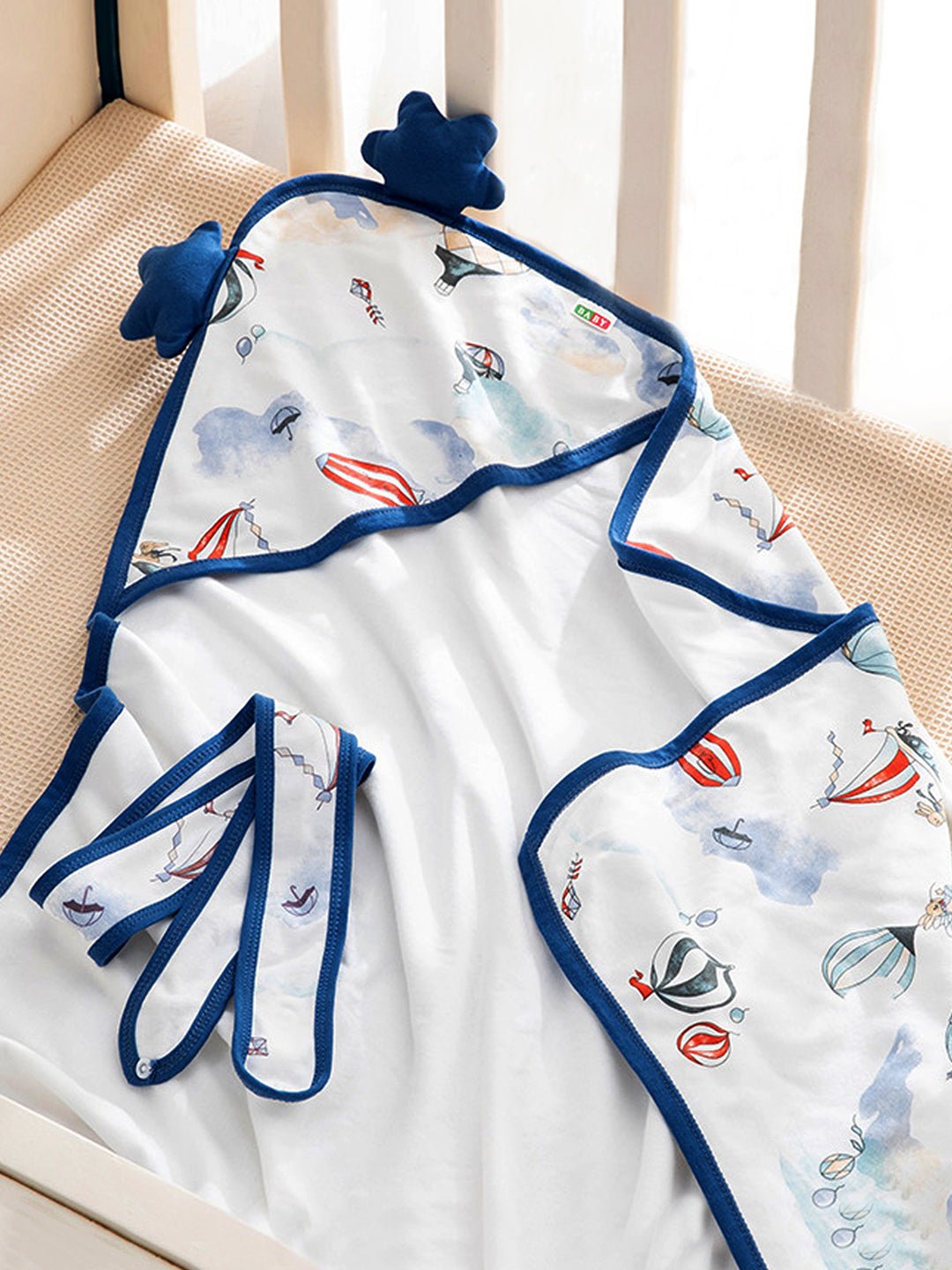 Little Surprise Box, Muslin cotton Wrapper with Hood for Newborn & Infants - LSB - BLNKT - BLUBALON - HOOD