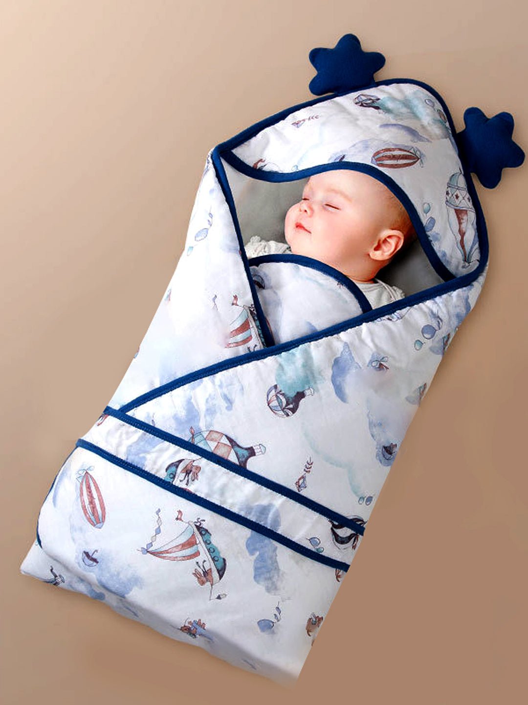 Little Surprise Box, Muslin cotton Wrapper with Hood for Newborn & Infants - LSB - BLNKT - BLUBALON - HOOD