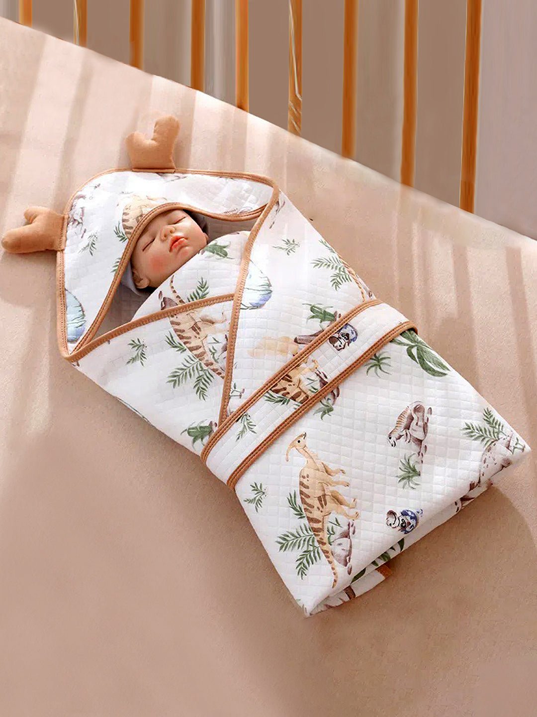 Little Surprise Box, Muslin cotton Wrapper with Hood for Newborn & Infants - LSB - BLNKT - DINOISLAND - HOOD