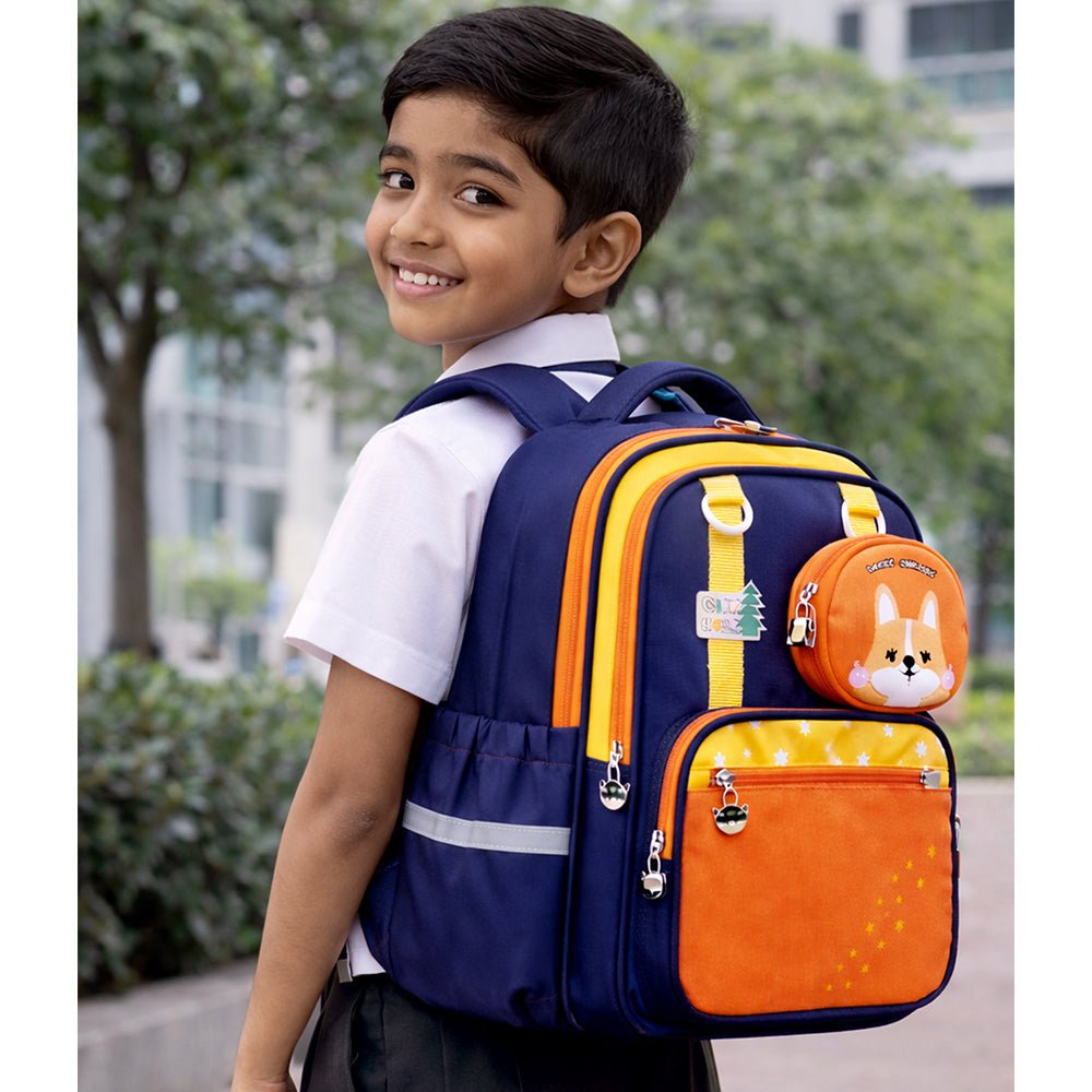 Little Surprise Box Navy Blue & Orange Fox School Backpack with Detachable Pouch for Kids - School Bag