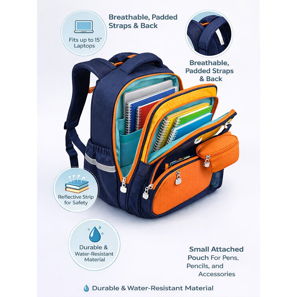 Little Surprise Box Navy Blue & Orange Fox School Backpack with Detachable Pouch for Kids - School Bag