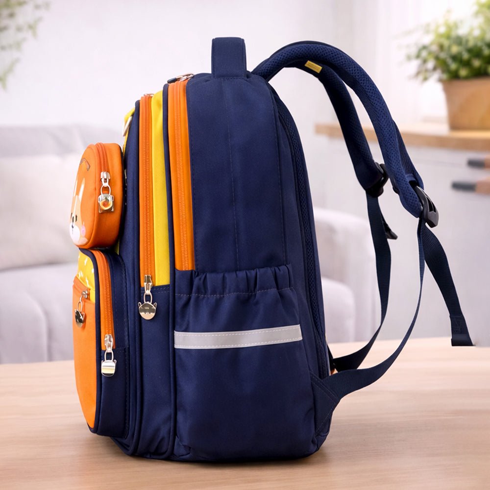 Little Surprise Box Navy Blue & Orange Fox School Backpack with Detachable Pouch for Kids - School Bag