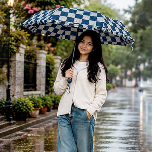 Little Surprise Box Navy Frills Checks Umbrella | The Mom Store - Monsoon Wear