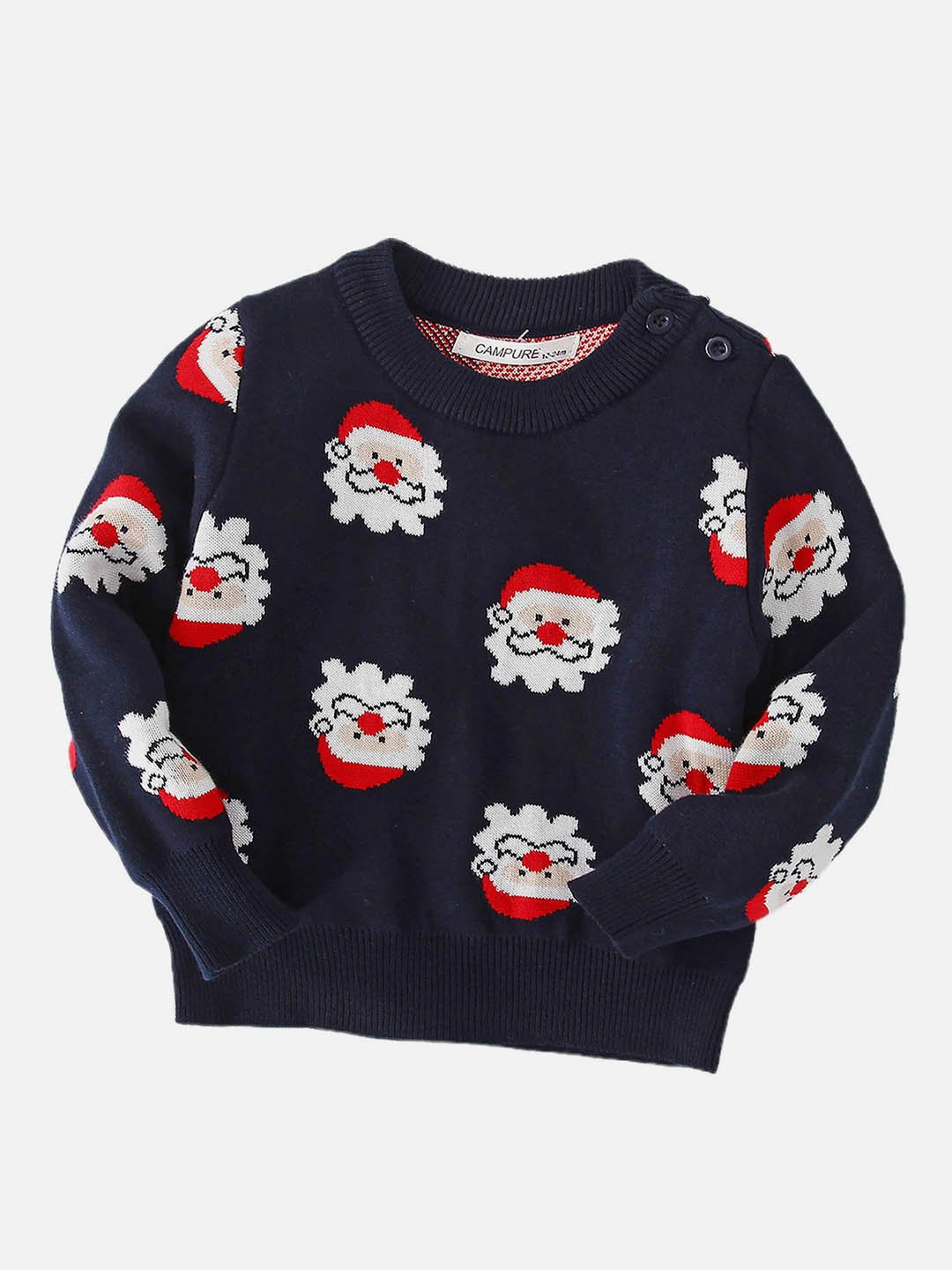 Little Surprise Box Navy Multi Santa Faces Knitted Warmer, Cardigan Christmas Sweater for Kids - LSB - XCARDI - NVYSANTAFACES - 2 - 3Y