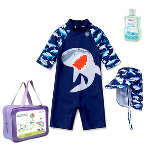 Little Surprise Box Navy Shark Swimwear Set + Long Cap, Wash Bag & Detergent - 2 - 3 Years Kids Swimwear
