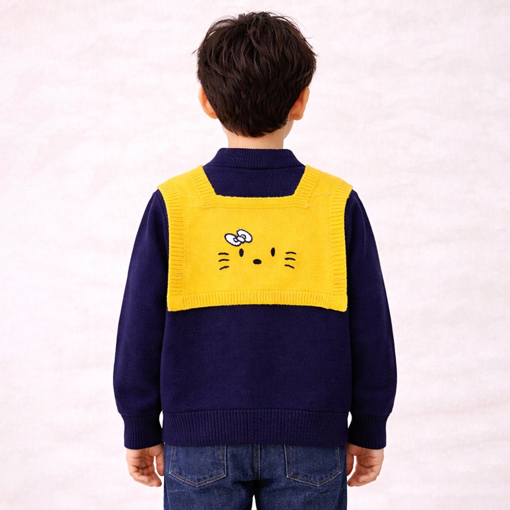 Little Surprise Box Navy & Yellow Cat Design Cardigan with Muffler, Winter Cardigan Sweater for Kids - 4 - 5 Years Kids Sweater