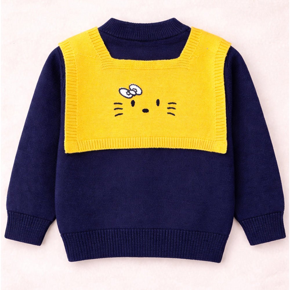 Little Surprise Box Navy & Yellow Cat Design Cardigan with Muffler, Winter Cardigan Sweater for Kids - 4 - 5 Years Kids Sweater