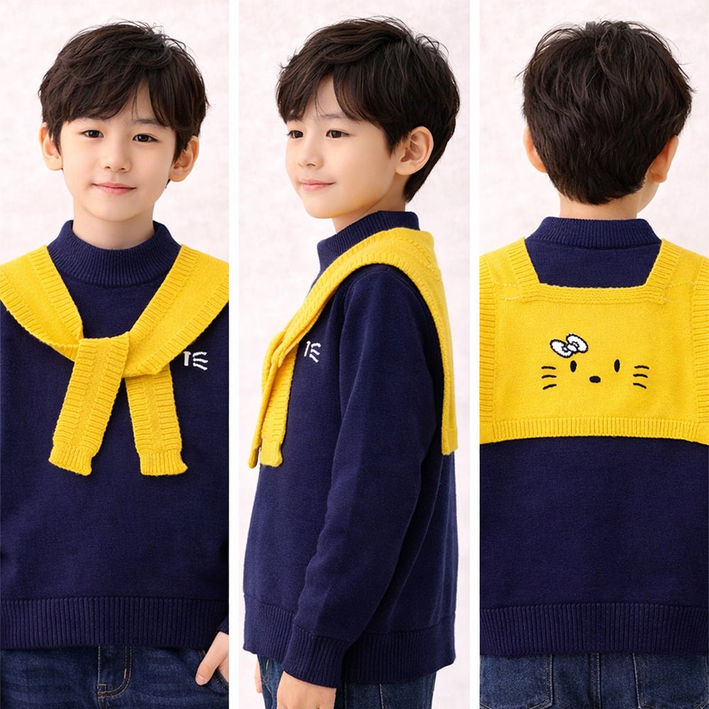 Little Surprise Box Navy & Yellow Cat Design Cardigan with Muffler, Winter Cardigan Sweater for Kids - 4 - 5 Years Kids Sweater