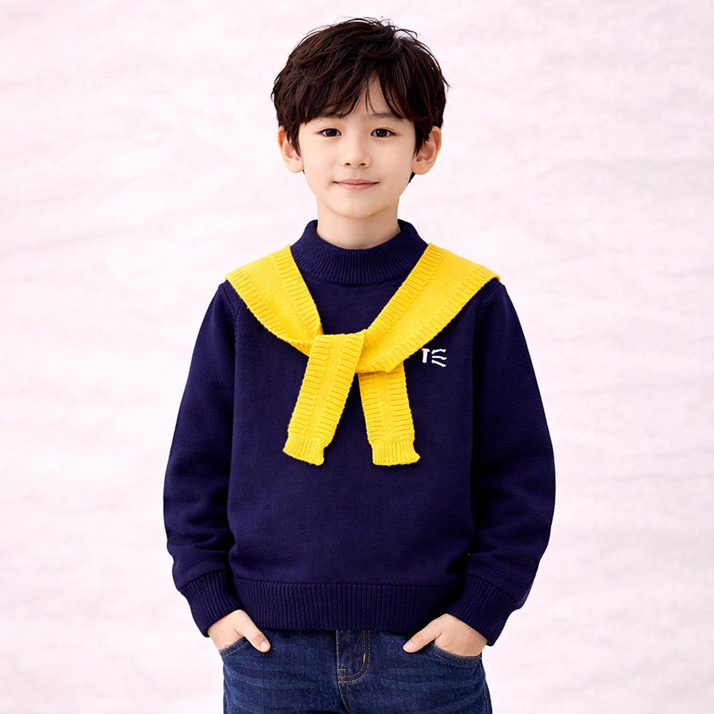 Little Surprise Box Navy & Yellow Cat Design Cardigan with Muffler, Winter Cardigan Sweater for Kids - 4 - 5 Years Kids Sweater
