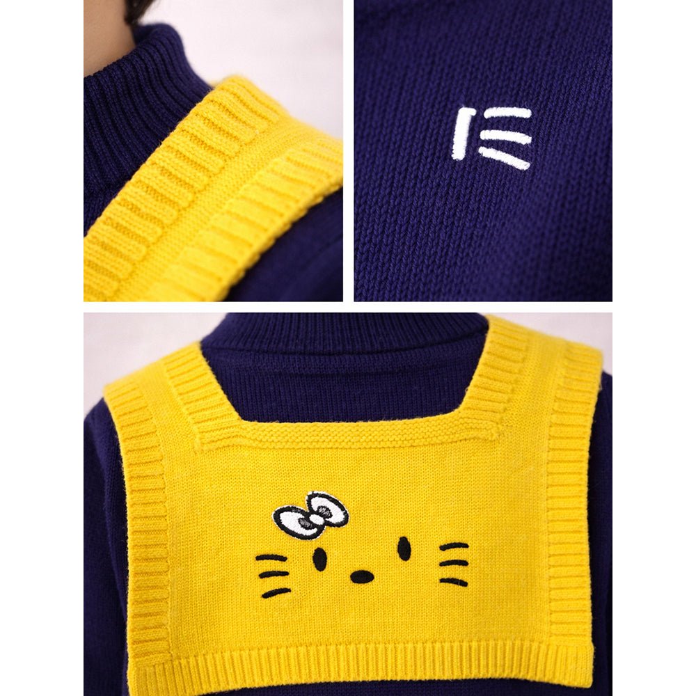 Little Surprise Box Navy & Yellow Cat Design Cardigan with Muffler, Winter Cardigan Sweater for Kids - 4 - 5 Years Kids Sweater