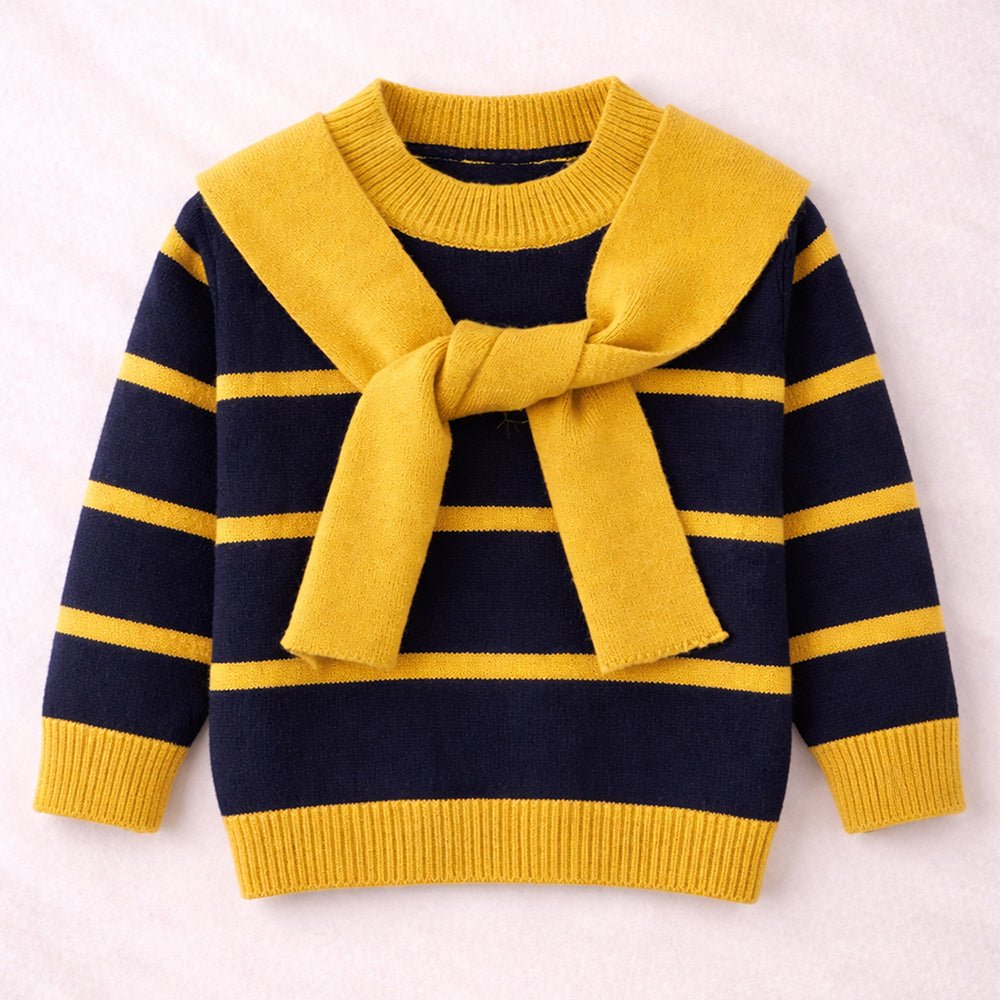 Little Surprise Box Navy & Yellow Stripes Cardigan with Muffler, Winter Cardigan Sweater for Kids - 4 - 5 Years Kids Sweater