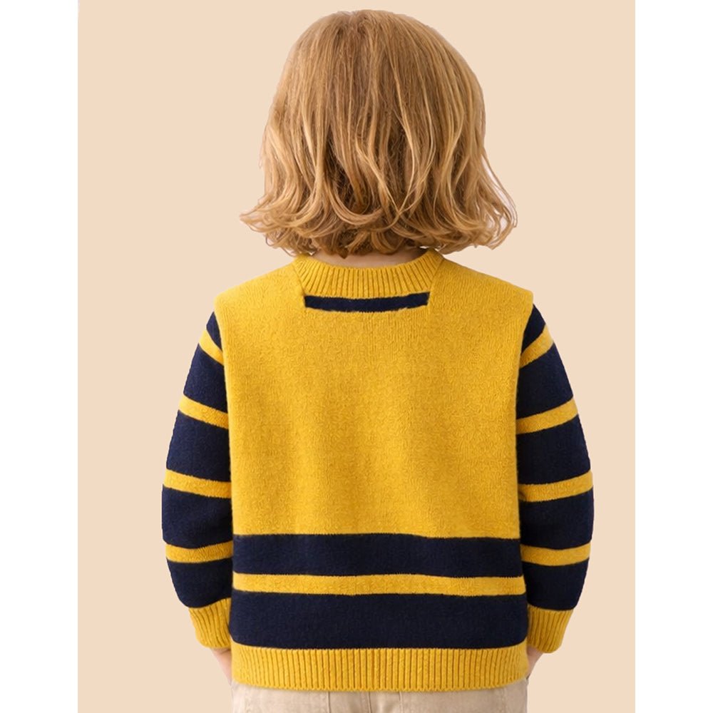 Little Surprise Box Navy & Yellow Stripes Cardigan with Muffler, Winter Cardigan Sweater for Kids - 4 - 5 Years Kids Sweater