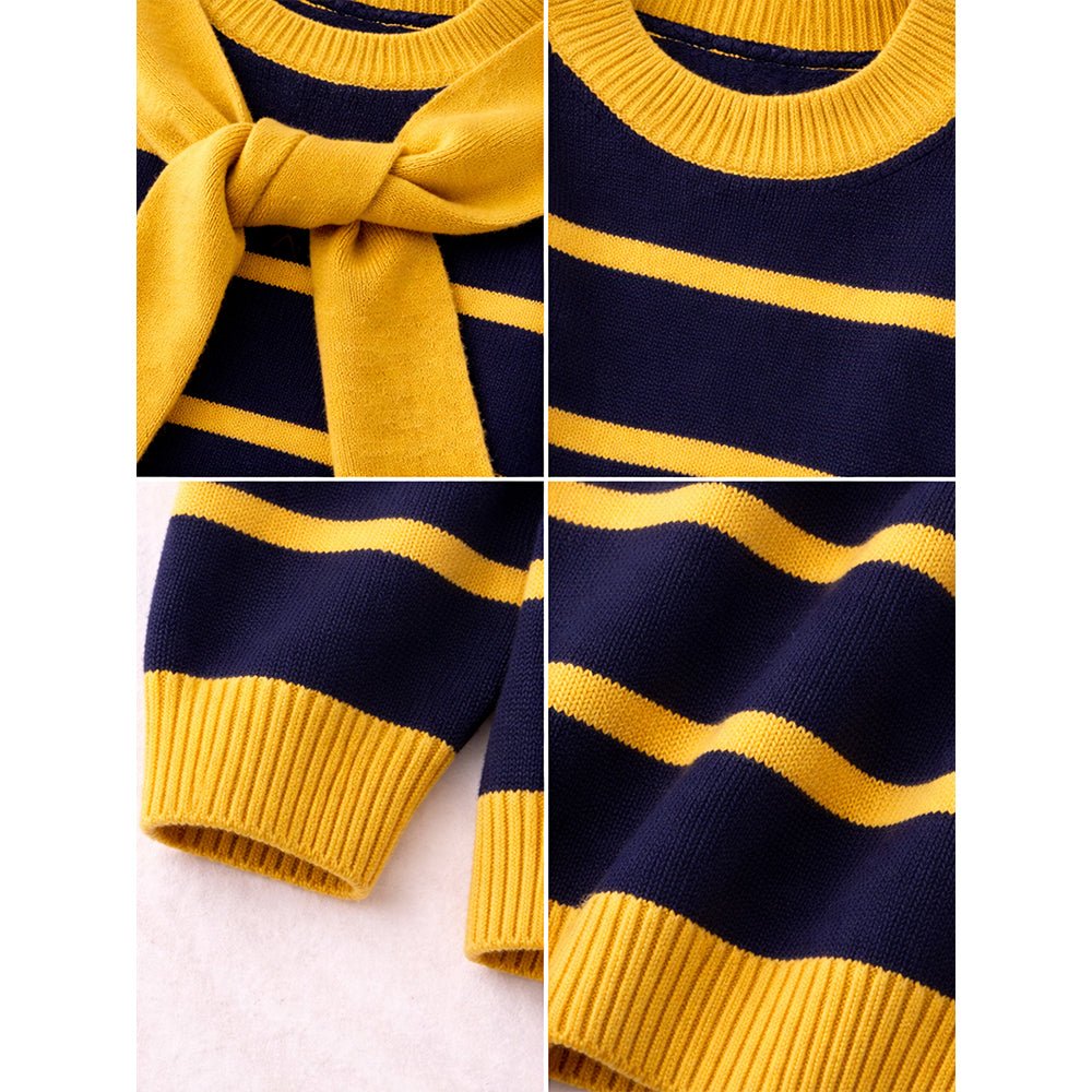 Little Surprise Box Navy & Yellow Stripes Cardigan with Muffler, Winter Cardigan Sweater for Kids - 4 - 5 Years Kids Sweater