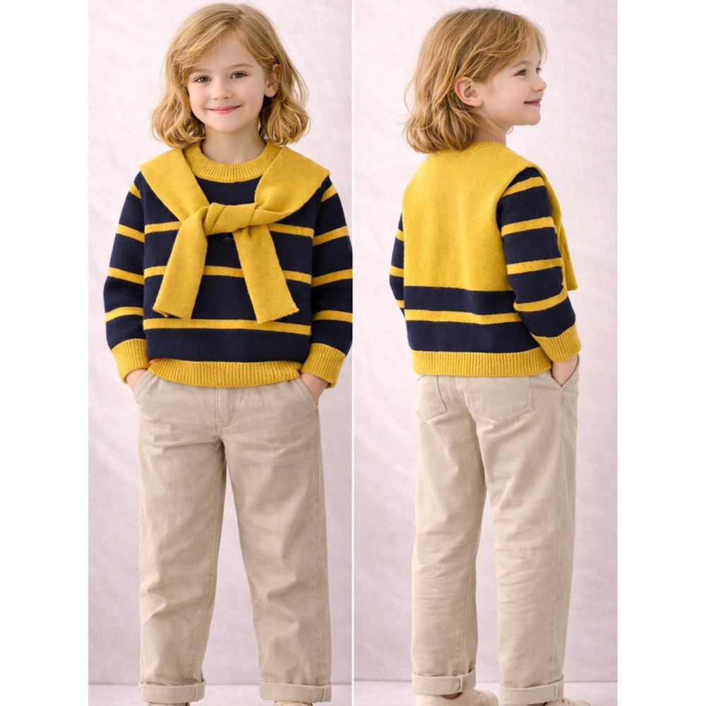 Little Surprise Box Navy & Yellow Stripes Cardigan with Muffler, Winter Cardigan Sweater for Kids - 4 - 5 Years Kids Sweater