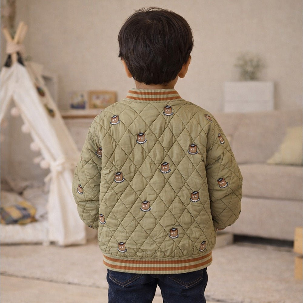 Little Surprise Box Olive Brown Tiny Bear Quilted Sherpa Winter Jacket for Kids - 2 - 3Y Kids Sweater