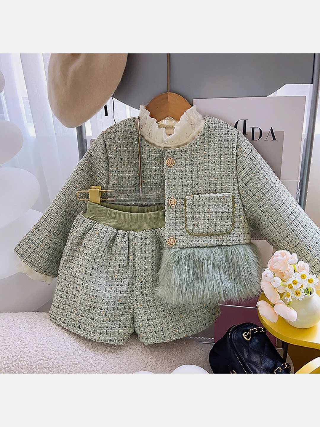 Little Surprise Box Olive Fur Trim 2 pcs top & shorts Tweed Winterwear set for Girls - 3 - 4Y - LSB - 2PCSKRT - OLIVEFUR - 3 - 4Y