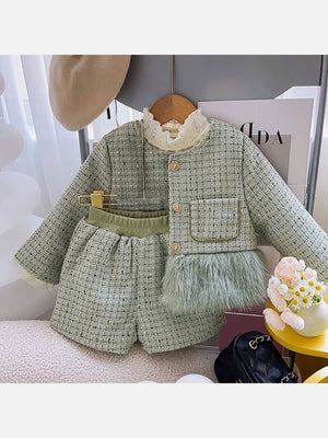 Little Surprise Box Olive Fur Trim 2 pcs top & shorts Tweed Winterwear set for Girls - 3 - 4Y - LSB - 2PCSKRT - OLIVEFUR - 3 - 4Y