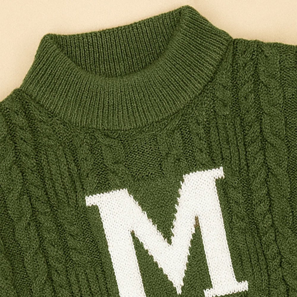 Little Surprise Box Olive Letter “M” Cable - Knit , Christmas Cardigan Winter Sweater for Kids - 2 - 3 Years Christmas Sweater