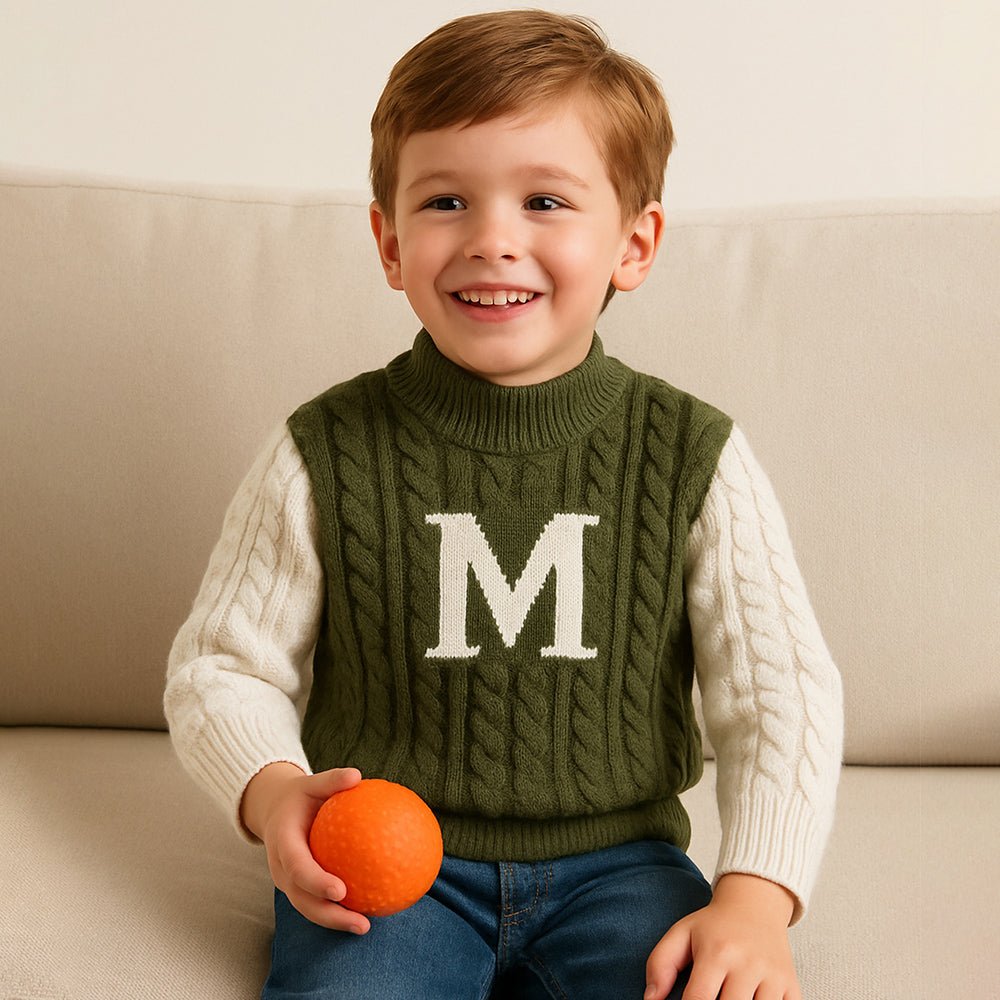 Little Surprise Box Olive Letter “M” Cable - Knit , Christmas Cardigan Winter Sweater for Kids - 2 - 3 Years Christmas Sweater