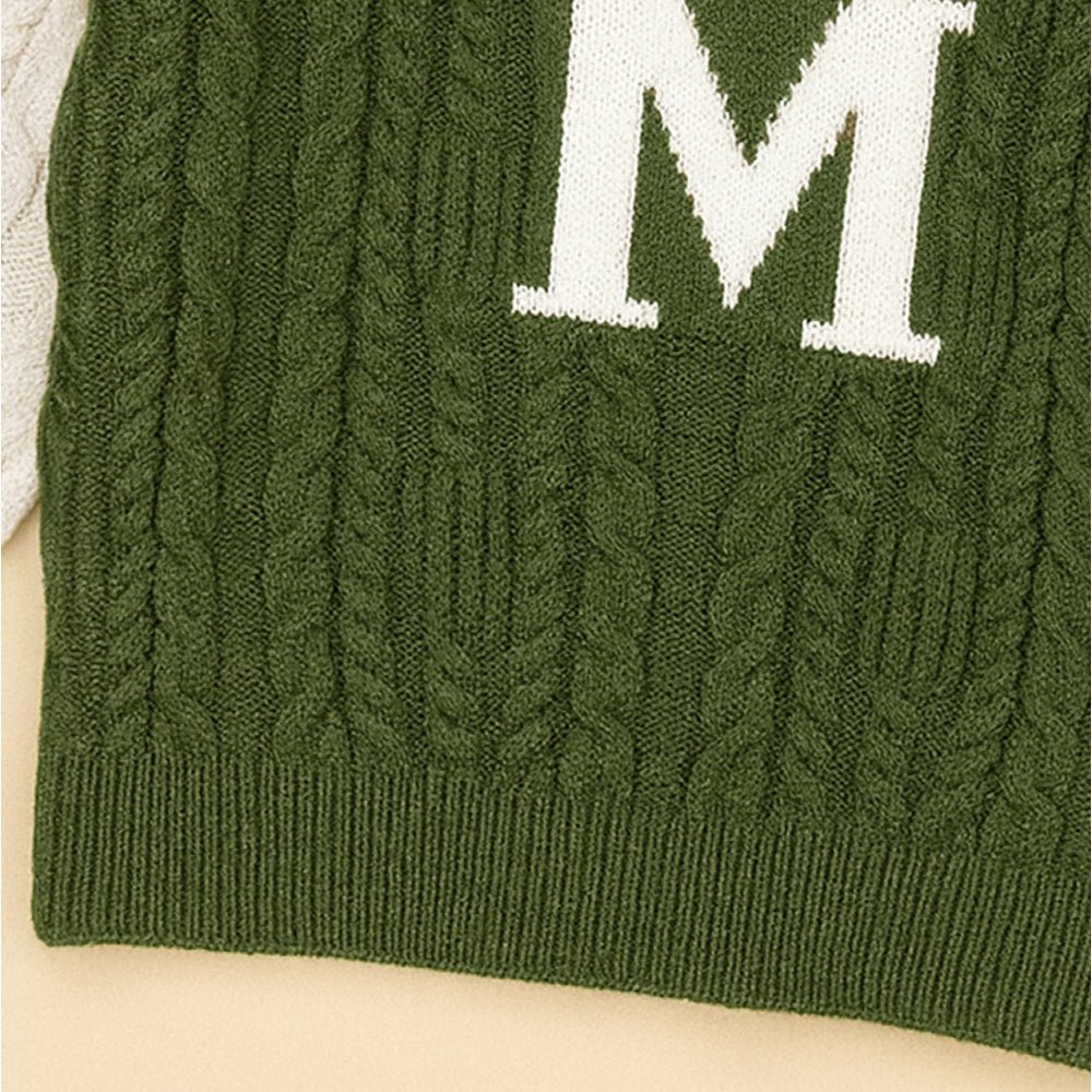 Little Surprise Box Olive Letter “M” Cable - Knit , Christmas Cardigan Winter Sweater for Kids - 2 - 3 Years Christmas Sweater