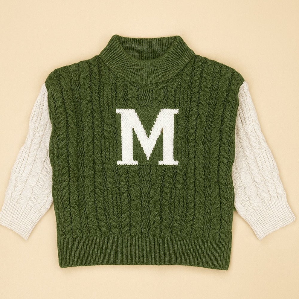 Little Surprise Box Olive Letter “M” Cable - Knit , Christmas Cardigan Winter Sweater for Kids - 2 - 3 Years Christmas Sweater