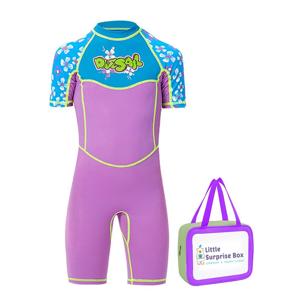 Little Surprise Box One piece Knee Length Kids Swimwear Purple & Blue Floral Print, UPF 50+ with Cap - LSB-SW-Floralpurpl-Knee-S