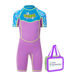 Little Surprise Box One piece Knee Length Kids Swimwear Purple & Blue Floral Print, UPF 50+ with Cap - LSB-SW-Floralpurpl-Knee-S
