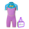 Little Surprise Box One piece Knee Length Kids Swimwear Purple & Blue Floral Print, UPF 50+ with Cap - LSB-SW-Floralpurpl-Knee-S