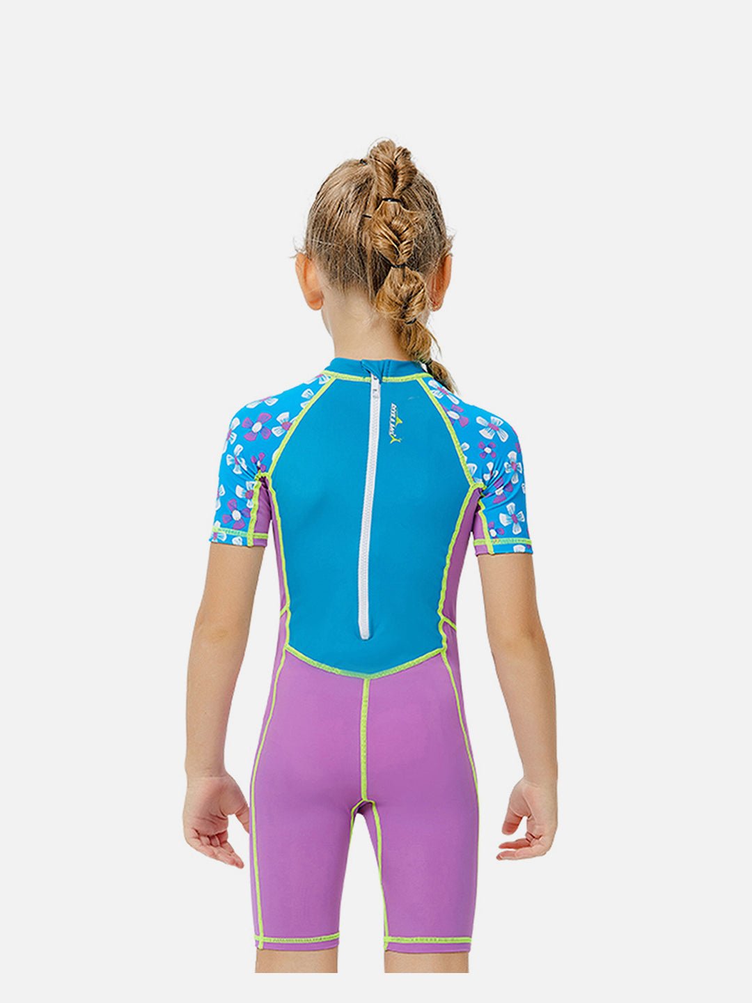 Little Surprise Box One piece Knee Length Kids Swimwear Purple & Blue Floral Print, UPF 50+ with Cap - LSB - SW - Floralpurpl - Knee - S