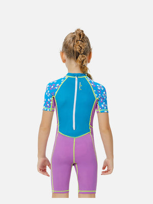 Little Surprise Box One piece Knee Length Kids Swimwear Purple & Blue Floral Print, UPF 50+ with Cap - LSB - SW - Floralpurpl - Knee - S