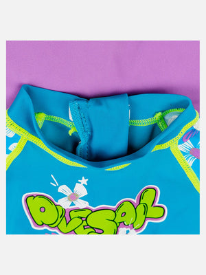 Little Surprise Box One piece Knee Length Kids Swimwear Purple & Blue Floral Print, UPF 50+ with Cap - LSB - SW - Floralpurpl - Knee - S