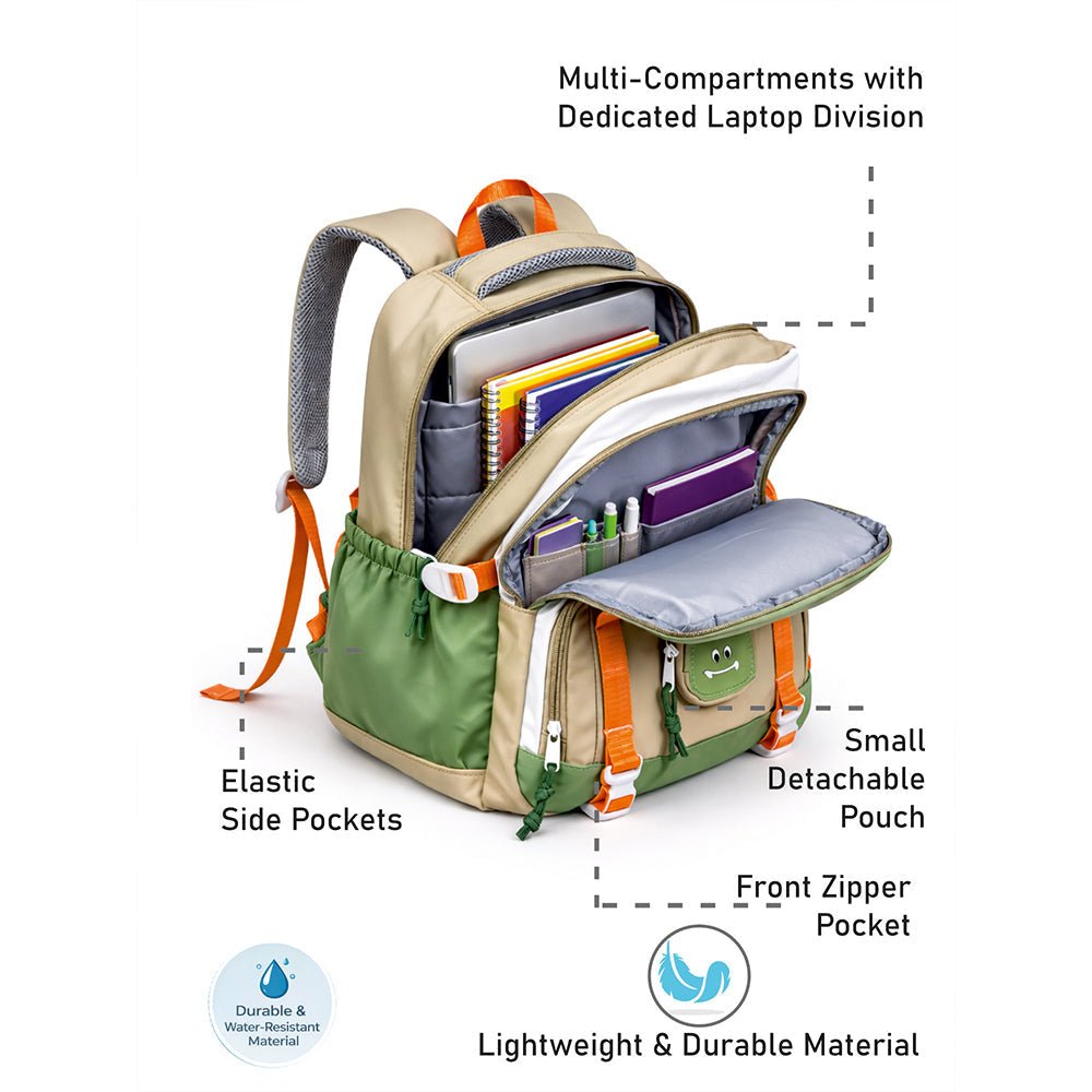 Little Surprise Box Orange, Brown & Green Color - Block with Character Pouch School Backpack for Kids - School Bag