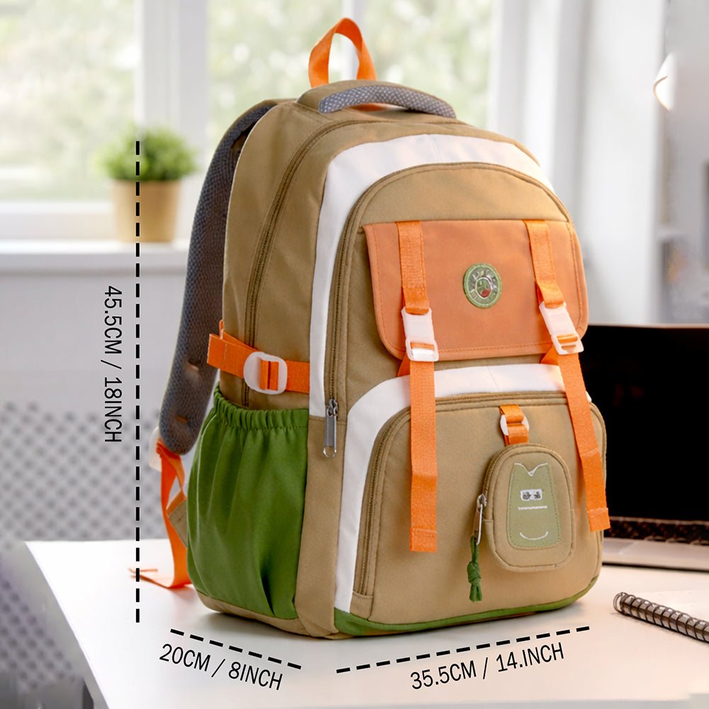 Little Surprise Box Orange, Brown & Green Color - Block with Character Pouch School Backpack for Kids - School Bag