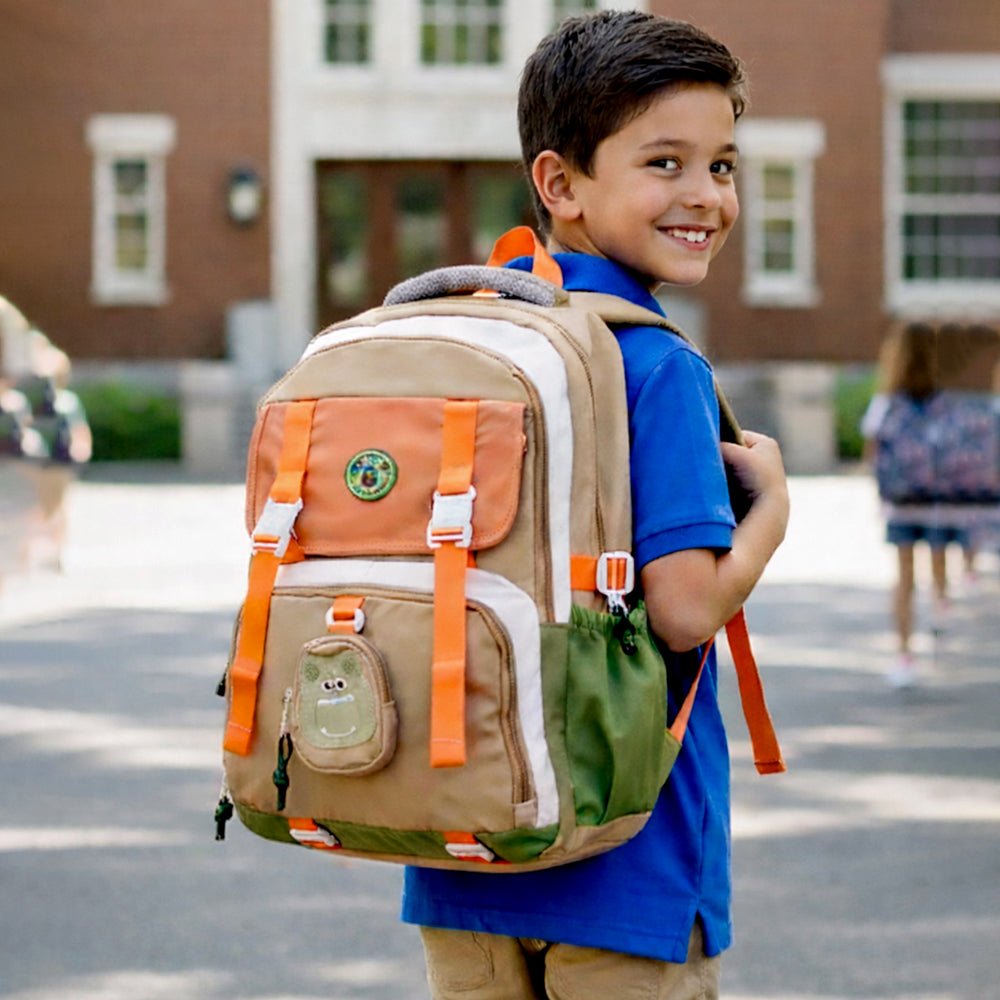Little Surprise Box Orange, Brown & Green Color - Block with Character Pouch School Backpack for Kids - School Bag