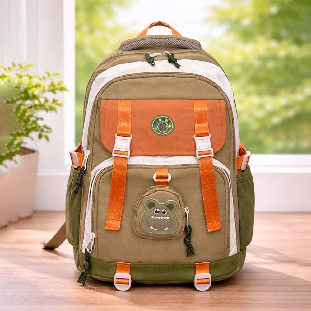Little Surprise Box Orange, Brown & Green Color - Block with Character Pouch School Backpack for Kids - School Bag