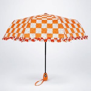Little Surprise Box Orange Frills Checks Umbrella | The Mom Store - Monsoon Wear