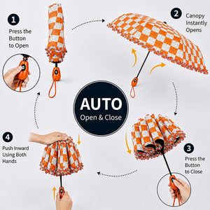 Little Surprise Box Orange Frills Checks Umbrella | The Mom Store - Monsoon Wear