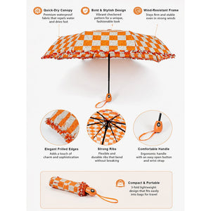Little Surprise Box Orange Frills Checks Umbrella | The Mom Store - Monsoon Wear
