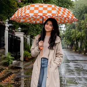 Little Surprise Box Orange Frills Checks Umbrella | The Mom Store - Monsoon Wear