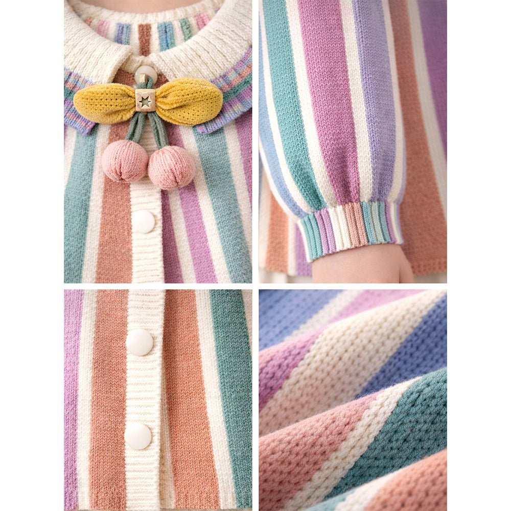 Little Surprise Box Pastel - Color Stripes Cardigan with Bow & Pompom, Winter Cardigan Sweater for Kids - 2 - 3 Years Kids Sweater