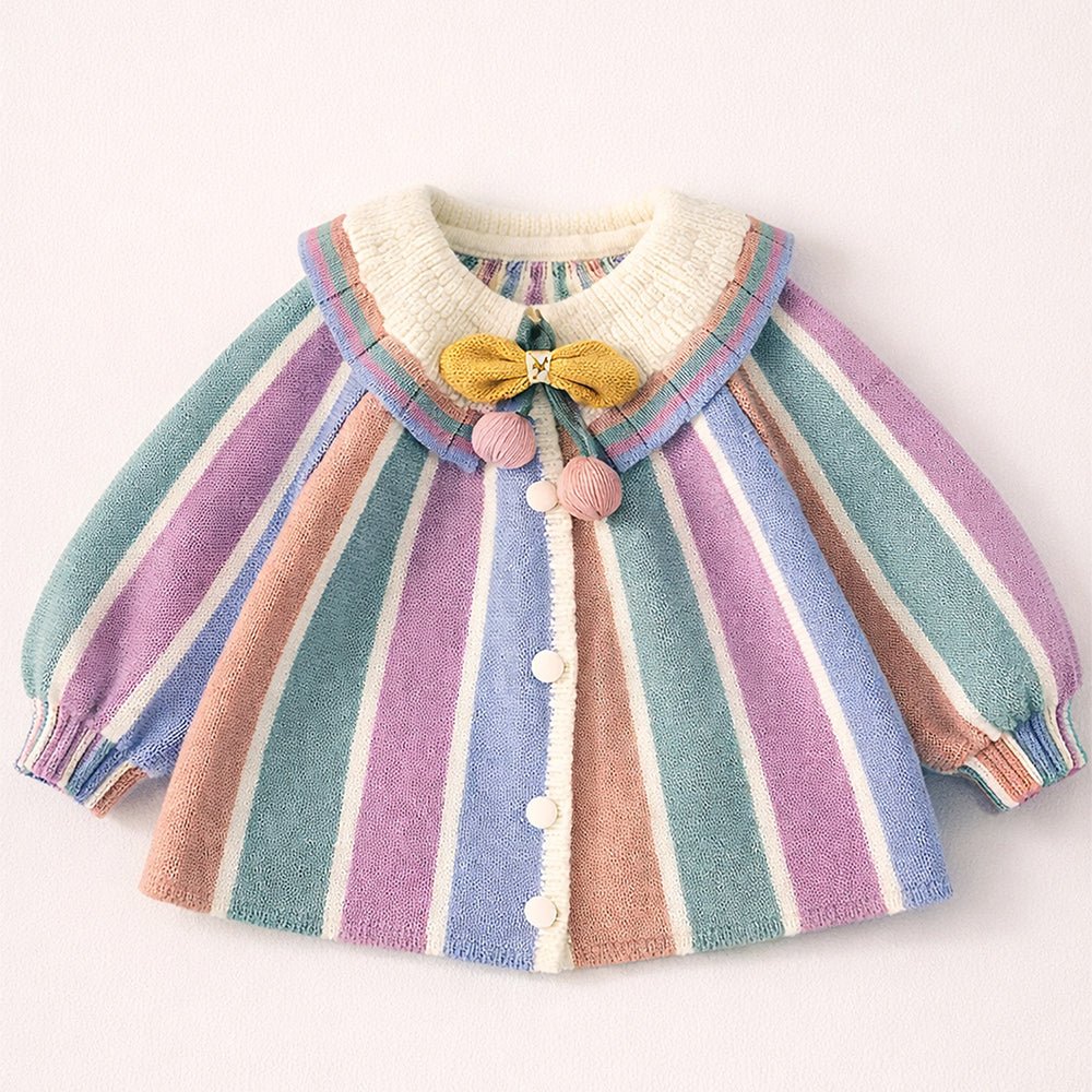 Little Surprise Box Pastel - Color Stripes Cardigan with Bow & Pompom, Winter Cardigan Sweater for Kids - 2 - 3 Years Kids Sweater